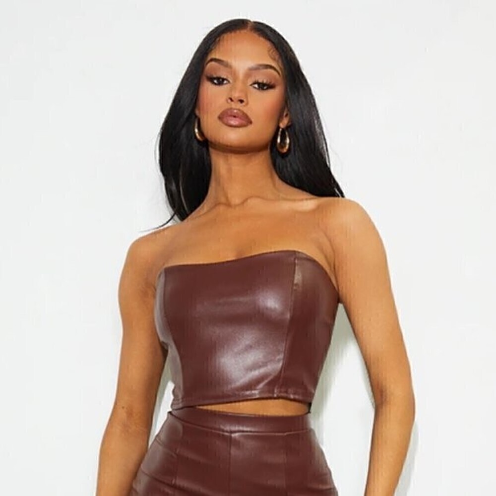 PrettyLittleThing Chocolate Brown High Shine Faux PU Leather Bandeau Size L NWT